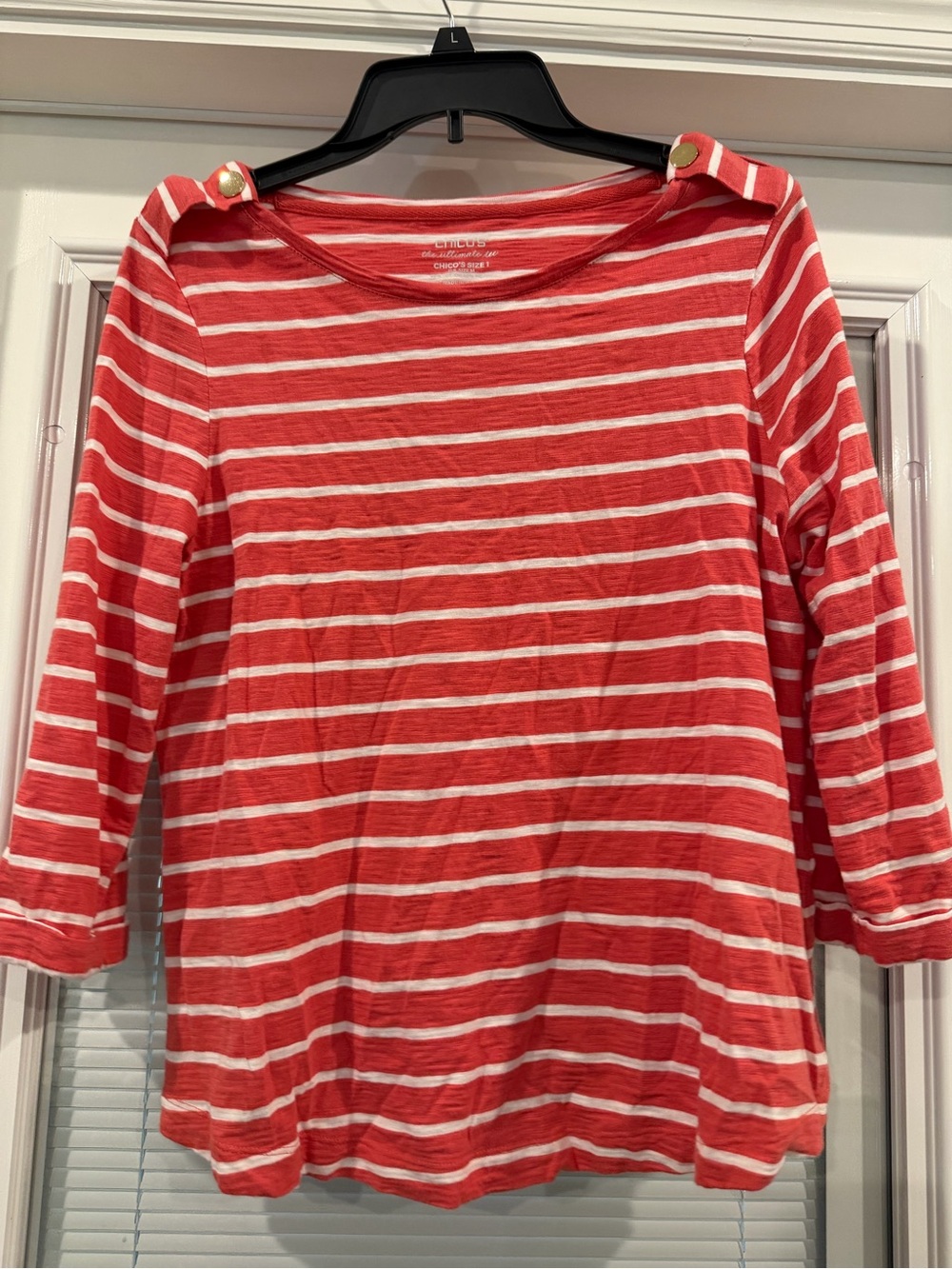 Chico's Coral & White Striped Boatneck Top with Shoulder Buttons